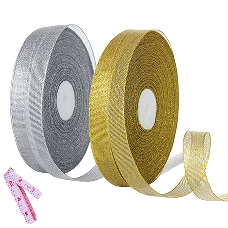 DAYEDZ 2 Rolls 50 Yards Width Metallic Glitter Ribbons 5/8 Inch Sparkly Fabric Wide Ribbon for Gift Wrapping, Crafts, Holiday Wedding Birthday Party Decoration Floral DIY Work(25 Yards Silver & Gold Ribbon) - Image 1